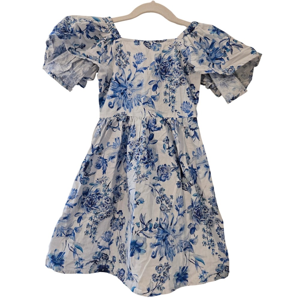 Next Girls Blue White Floral Puff Sleeve Cotton Dress Cutout Back 4Y 104cm